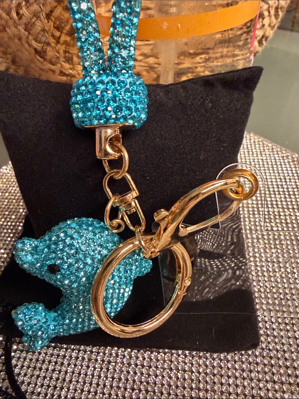 Sparkling Blue Dolphin phone lanyard Charm with Gold Hardware